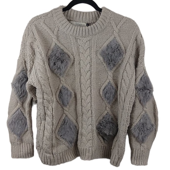 Sunny 33 Sweaters - Sunny 33 Chunky Boxy Cable Knit Sweater Gray Faux Fur Women’s Size Medium